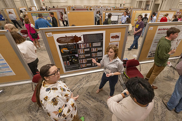 Undergraduate Research Forum poster session with rows of posters and student presenters, and many onlookers, in Shriver Center Dolibois rooms