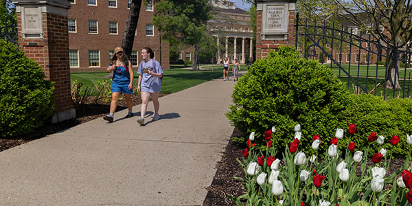 Students walk on Miami University's Oxford campus