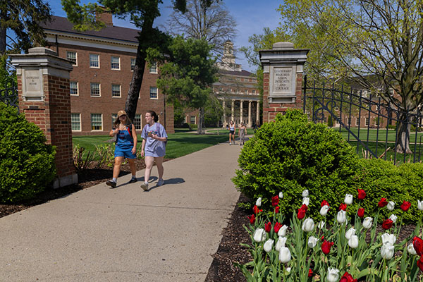 Students walk on Miami University's Oxford campus