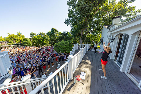 Miami University senior Bridget Stafford leads the M.O.V.E. Bootcamp event on Aug. 30 at Lewis Place.