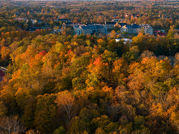 Drone view of natural areas and western campus in autumn