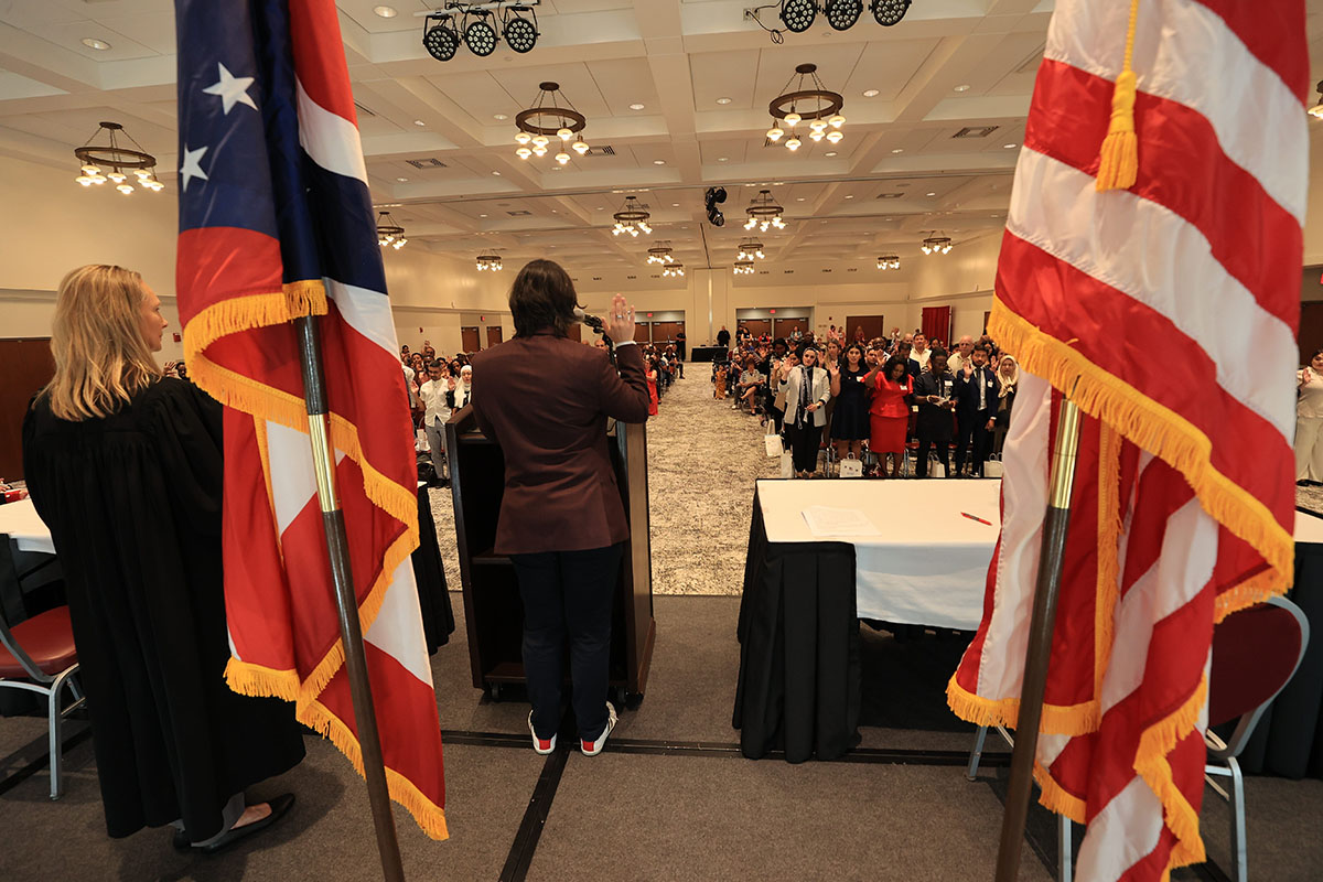 Nearly 100 people were formally sworn in as United States citizens during a U.S. District Court Naturalization Ceremony held Sept. 17 at Fritz Pavilion in Armstrong Student Center.