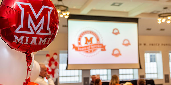 A red Miami University balloon during the annual employee recognition ceremony