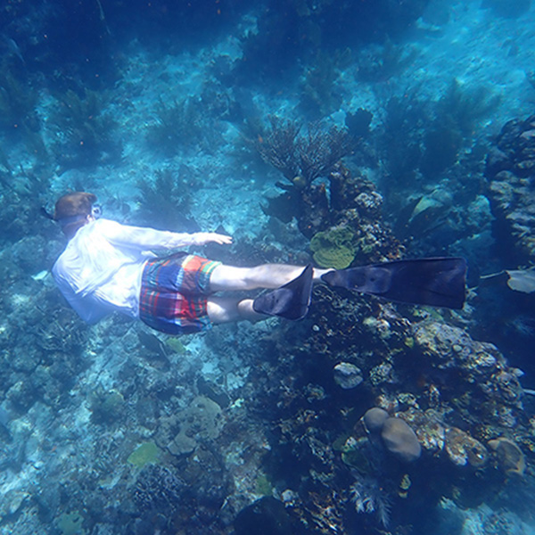 An Honors student explores a coral reef on Tobacco Caye located within the Southwater Caye Marine Reserve, a UNESCO World Heritage Site (submitted photo).