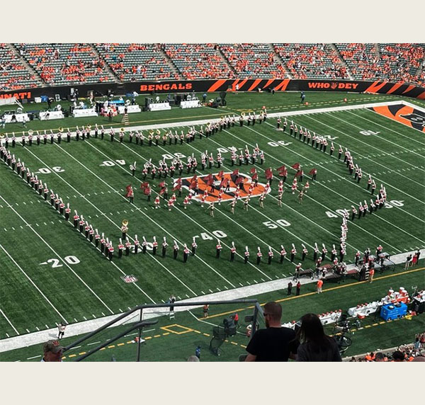 The band forms an outline of the state of Ohio during their halftime performance at Paycor Stadium (photo courtesy of the MUMB)