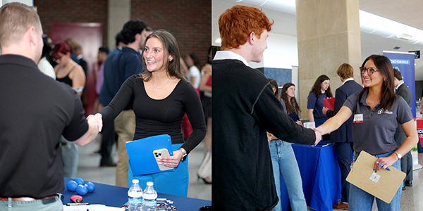 Piper McGee, left, as a student at a Miami University career fair, and right, as a recruiter at a Miami career fair