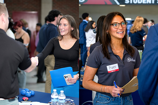 Piper McGee, left, as a student at a Miami University career fair, and right, as a recruiter at a Miami career fair