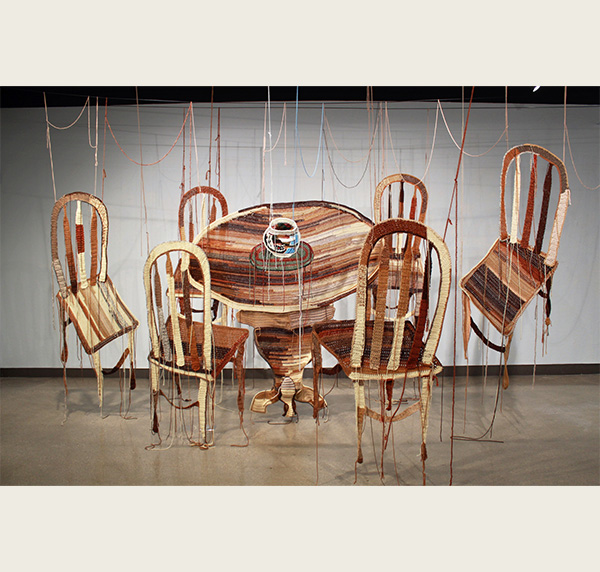 Oak table and chairs sculpture crochet wire and yarn