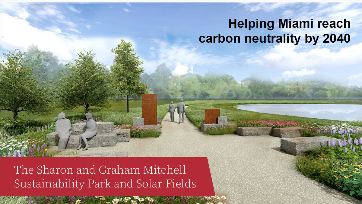 The Sharon and Graham Mitchell Sustainability Park and Solar Fields , helping Miami reach carbon neutrality by 2040 rendering of a park path and gateway