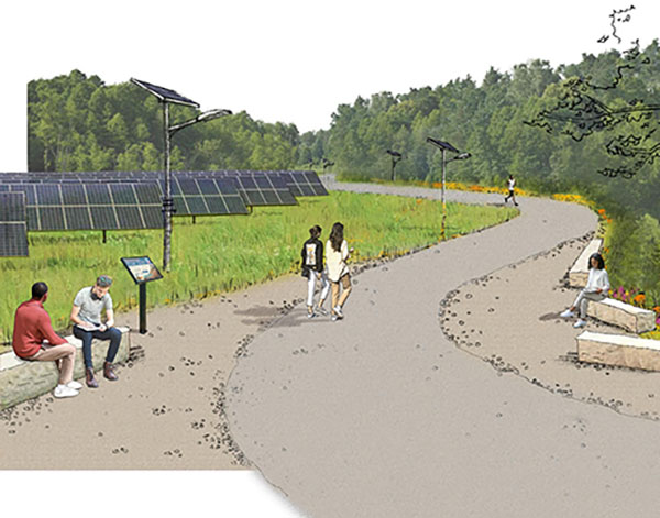 seating vignette for the sustainability park showing a curved path, stone benches, and a solar array