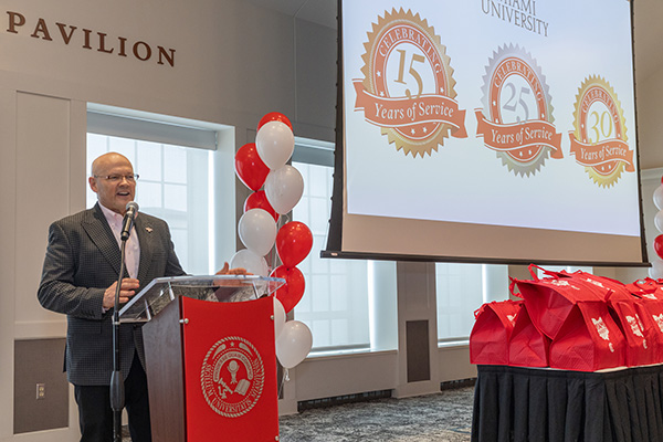 Miami University President Gregory Crawford speaks at the reception honoring employees who have worked at Miami for 15, 25, and 30 years (photo by Scott Kissell).