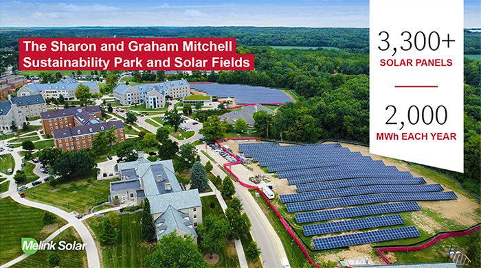 drone view of sustainability park in summer with 2 solar arrays and western campus buildings 
